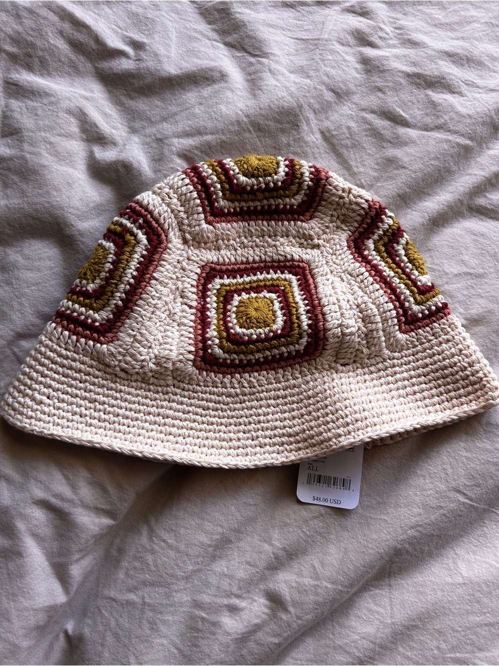 Free People Crocheted Bucket Hat in Cream with Mustard & Rust Accents